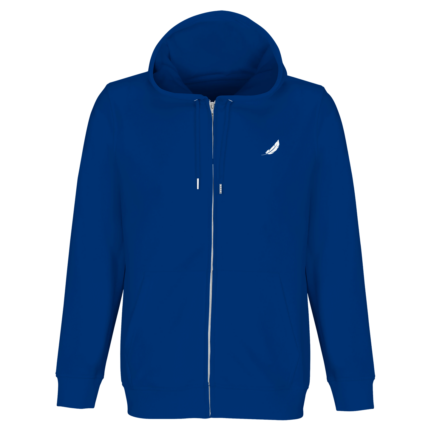 Royal blaue premium la vibes zip-up hoodie mit weißen federlogo auf der linken brust und kapuze