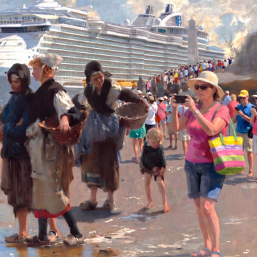 Poster en route pour la pêche zeigt eine frau in pinkem top und denimshorts mit bunt gestreifter tasche
