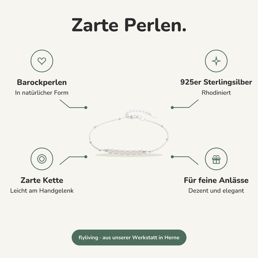 Erklärbild Zarte Perlen. Barockperlen: In natürlicher Form, 925er Sterlingsilber: Rhodiniert, Zarte Kette: Leicht am Handgelenk, Für feine Anlässe: Dezent und elegant