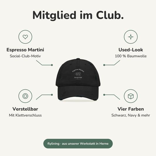 Erklärbild Mitglied im Club. Espresso Martini: Social-Club-Motiv, Used-Look: 100 % Baumwolle, Verstellbar: Mit Klettverschluss, Vier Farben: Schwarz, Navy & mehr