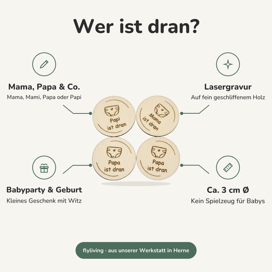 Erklärbild Wer ist dran? Mama, Papa & Co.: Mama, Mami, Papa oder Papi, Lasergravur: Auf fein geschliffenem Holz, Babyparty & Geburt: Kleines Geschenk mit Witz, Ca. 3 cm Ø: Kein Spielzeug für Babys