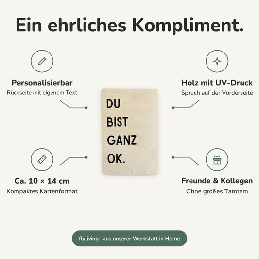 Erklärbild Ein ehrliches Kompliment. Personalisierbar: Rückseite mit eigenem Text, Holz mit UV-Druck: Spruch auf der Vorderseite, Ca. 10 × 14 cm: Kompaktes Kartenformat, Freunde & Kollegen: Ohne großes Tamtam