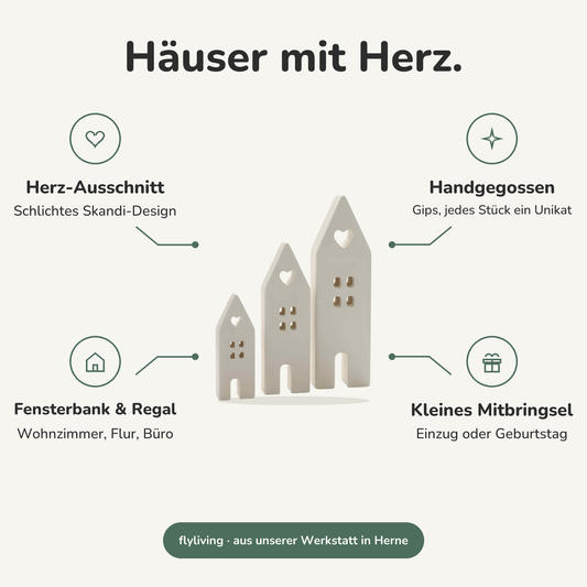 Erklärbild Häuser mit Herz. Herz-Ausschnitt: Schlichtes Skandi-Design, Handgegossen: Gips, jedes Stück ein Unikat, Fensterbank & Regal: Wohnzimmer, Flur, Büro, Kleines Mitbringsel: Einzug oder Geburtstag