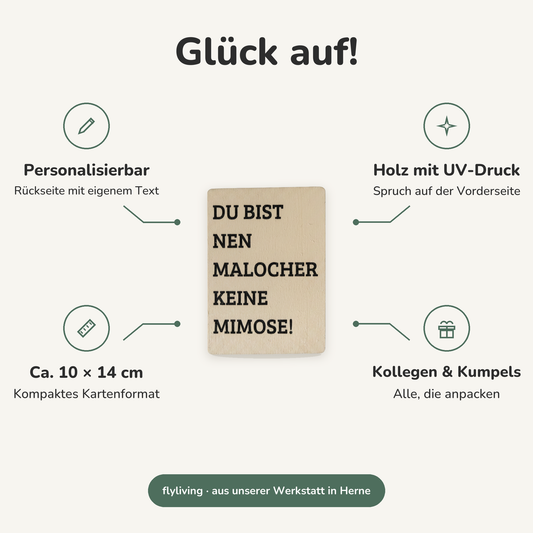 Erklärbild Glück auf! Personalisierbar: Rückseite mit eigenem Text, Holz mit UV-Druck: Spruch auf der Vorderseite, Ca. 10 × 14 cm: Kompaktes Kartenformat, Kollegen & Kumpels: Alle, die anpacken