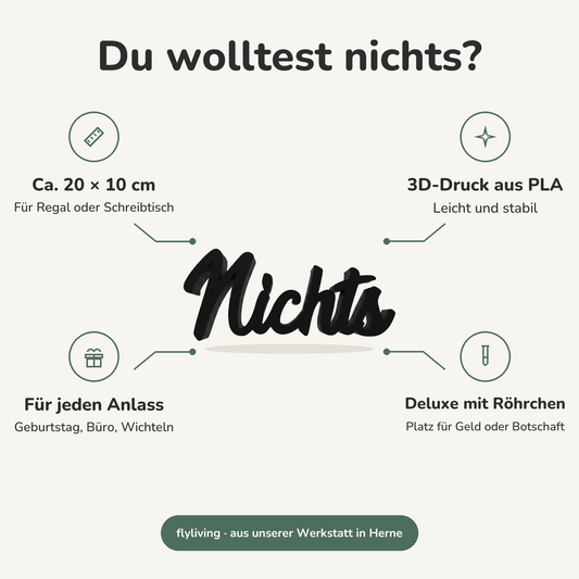Erklärbild Du wolltest nichts? Ca. 20 × 10 cm: Für Regal oder Schreibtisch, 3D-Druck aus PLA: Leicht und stabil, Für jeden Anlass: Geburtstag, Büro, Wichteln, Deluxe mit Röhrchen: Platz für Geld oder Botschaft