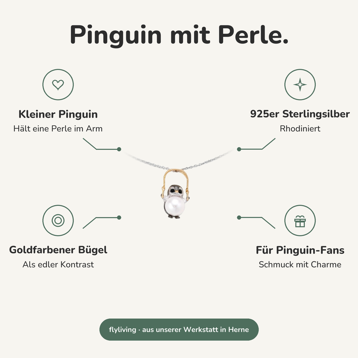 Erklärbild Pinguin mit Perle. Kleiner Pinguin: Hält eine Perle im Arm, 925er Sterlingsilber: Rhodiniert, Goldfarbener Bügel: Als edler Kontrast, Für Pinguin-Fans: Schmuck mit Charme