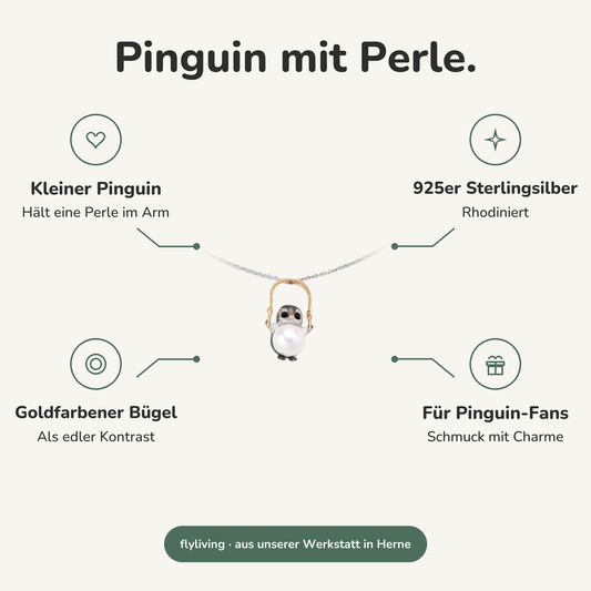 Erklärbild Pinguin mit Perle. Kleiner Pinguin: Hält eine Perle im Arm, 925er Sterlingsilber: Rhodiniert, Goldfarbener Bügel: Als edler Kontrast, Für Pinguin-Fans: Schmuck mit Charme