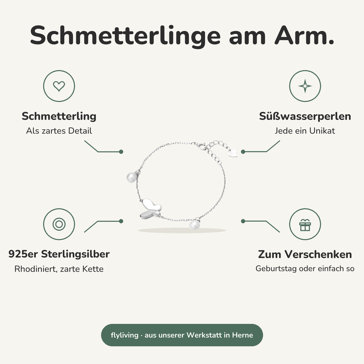 Erklärbild Schmetterlinge am Arm. Schmetterling: Als zartes Detail, Süßwasserperlen: Jede ein Unikat, 925er Sterlingsilber: Rhodiniert, zarte Kette, Zum Verschenken: Geburtstag oder einfach so