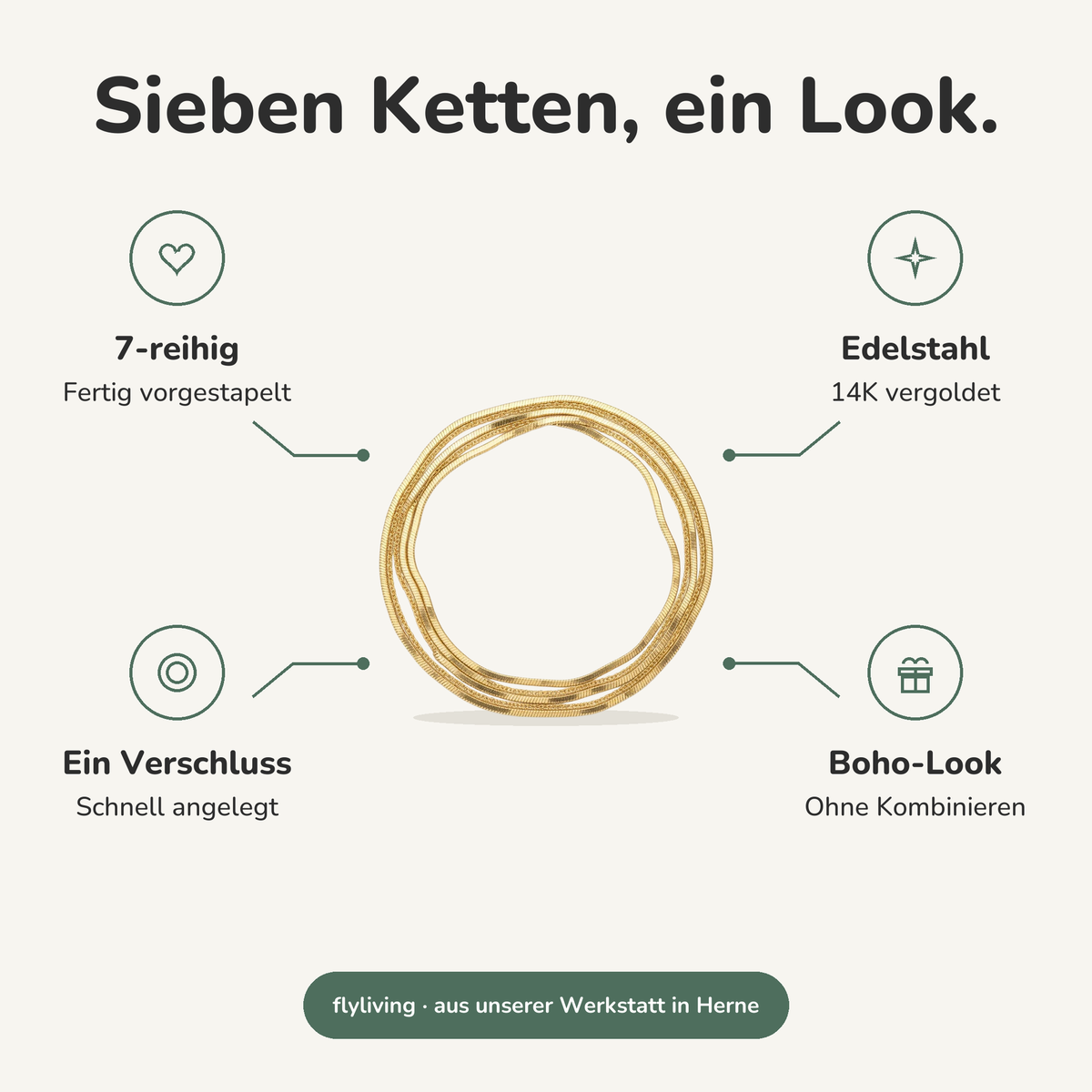 Erklärbild Sieben Ketten, ein Look. 7-reihig: Fertig vorgestapelt, Edelstahl: 14K vergoldet, Ein Verschluss: Schnell angelegt, Boho-Look: Ohne Kombinieren