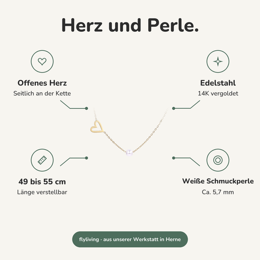 Erklärbild Herz und Perle. Offenes Herz: Seitlich an der Kette, Edelstahl: 14K vergoldet, 49 bis 55 cm: Länge verstellbar, Weiße Schmuckperle: Ca. 5,7 mm