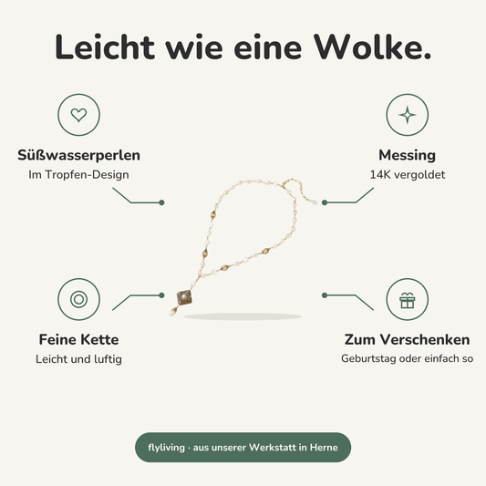 Erklärbild Leicht wie eine Wolke. Süßwasserperlen: Im Tropfen-Design, Messing: 14K vergoldet, Feine Kette: Leicht und luftig, Zum Verschenken: Geburtstag oder einfach so