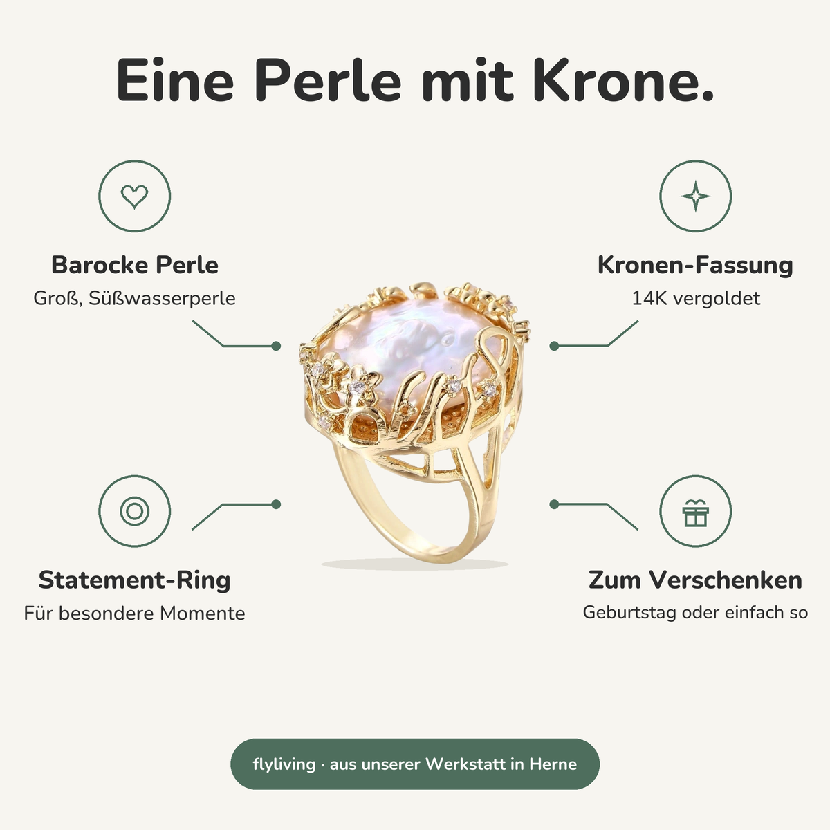 Erklärbild Eine Perle mit Krone. Barocke Perle: Groß, Süßwasserperle, Kronen-Fassung: 14K vergoldet, Statement-Ring: Für besondere Momente, Zum Verschenken: Geburtstag oder einfach so