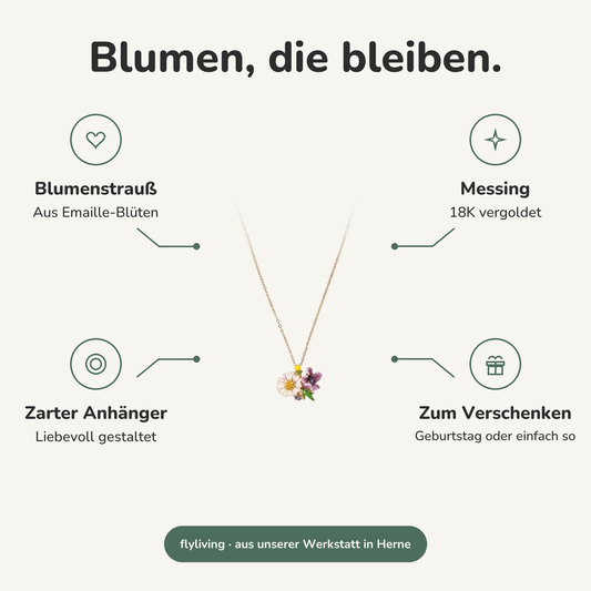 Erklärbild Blumen, die bleiben. Blumenstrauß: Aus Emaille-Blüten, Messing: 18K vergoldet, Zarter Anhänger: Liebevoll gestaltet, Zum Verschenken: Geburtstag oder einfach so