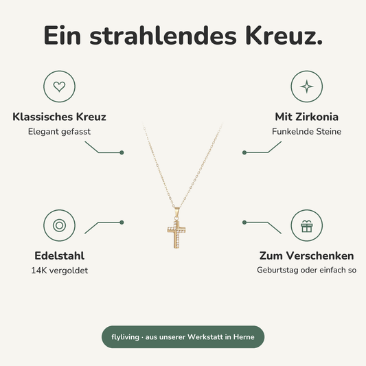 Erklärbild Ein strahlendes Kreuz. Klassisches Kreuz: Elegant gefasst, Mit Zirkonia: Funkelnde Steine, Edelstahl: 14K vergoldet, Zum Verschenken: Geburtstag oder einfach so