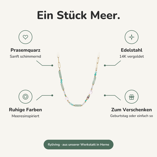 Erklärbild Ein Stück Meer. Prasemquarz: Sanft schimmernd, Edelstahl: 14K vergoldet, Ruhige Farben: Meeresinspiriert, Zum Verschenken: Geburtstag oder einfach so