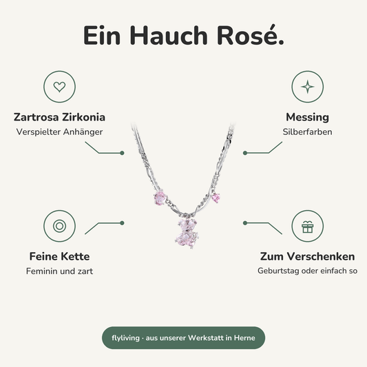 Erklärbild Ein Hauch Rosé. Zartrosa Zirkonia: Verspielter Anhänger, Messing: Silberfarben, Feine Kette: Feminin und zart, Zum Verschenken: Geburtstag oder einfach so