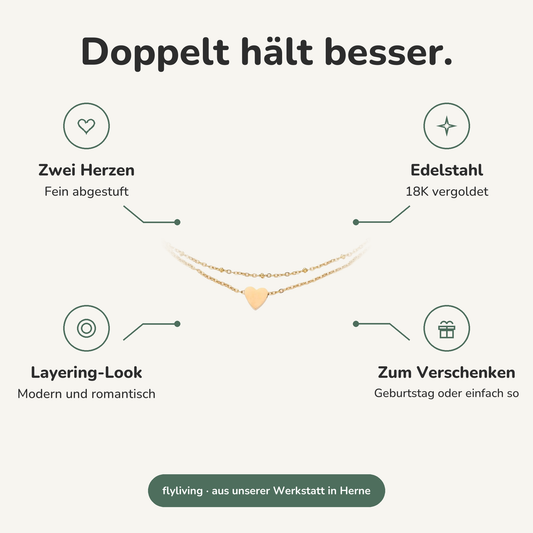 Erklärbild Doppelt hält besser. Zwei Herzen: Fein abgestuft, Edelstahl: 18K vergoldet, Layering-Look: Modern und romantisch, Zum Verschenken: Geburtstag oder einfach so