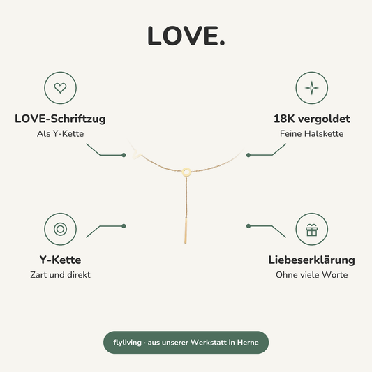 Erklärbild LOVE. LOVE-Schriftzug: Als Y-Kette, 18K vergoldet: Feine Halskette, Y-Kette: Zart und direkt, Liebeserklärung: Ohne viele Worte