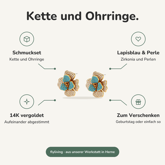 Erklärbild Kette und Ohrringe. Schmuckset: Kette und Ohrringe, Lapisblau & Perle: Zirkonia und Perlen, 14K vergoldet: Aufeinander abgestimmt, Zum Verschenken: Geburtstag oder einfach so