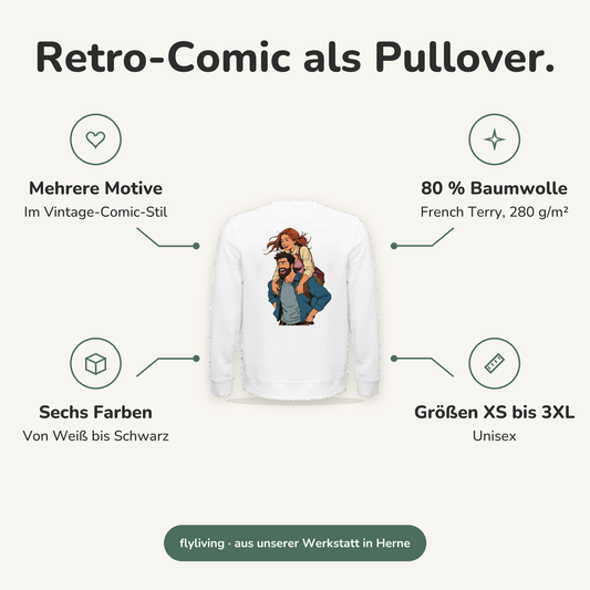 Erklärbild Retro-Comic als Pullover. Mehrere Motive: Im Vintage-Comic-Stil, 80 % Baumwolle: French Terry, 280 g/m², Sechs Farben: Von Weiß bis Schwarz, Größen XS bis 3XL: Unisex
