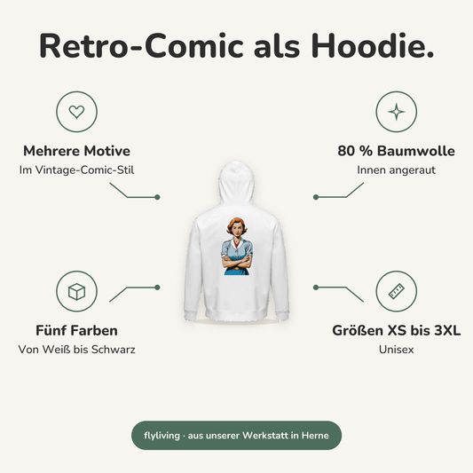 Erklärbild Retro-Comic als Hoodie. Mehrere Motive: Im Vintage-Comic-Stil, 80 % Baumwolle: Innen angeraut, Fünf Farben: Von Weiß bis Schwarz, Größen XS bis 3XL: Unisex