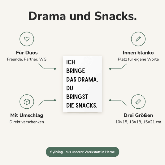 Erklärbild Drama und Snacks. Für Duos: Freunde, Partner, WG, Innen blanko: Platz für eigene Worte, Mit Umschlag: Direkt verschenken, Drei Größen: 10×15, 13×18, 15×21 cm