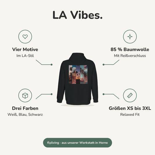 Erklärbild LA Vibes. Vier Motive: Im LA-Stil, 85 % Baumwolle: Mit Reißverschluss, Drei Farben: Weiß, Blau, Schwarz, Größen XS bis 3XL: Relaxed Fit