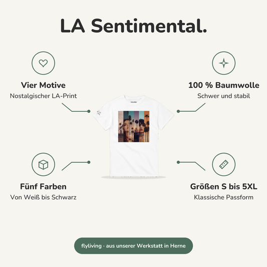 Erklärbild LA Sentimental. Vier Motive: Nostalgischer LA-Print, 100 % Baumwolle: Schwer und stabil, Fünf Farben: Von Weiß bis Schwarz, Größen S bis 5XL: Klassische Passform