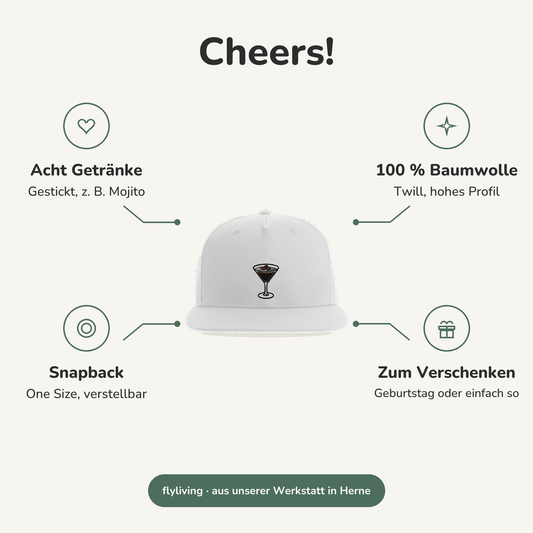 Erklärbild Cheers! Acht Getränke: Gestickt, z. B. Mojito, 100 % Baumwolle: Twill, hohes Profil, Snapback: One Size, verstellbar, Zum Verschenken: Geburtstag oder einfach so