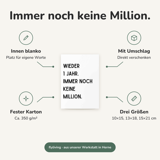 Erklärbild Immer noch keine Million. Innen blanko: Platz für eigene Worte, Mit Umschlag: Direkt verschenken, Fester Karton: Ca. 350 g/m², Drei Größen: 10×15, 13×18, 15×21 cm