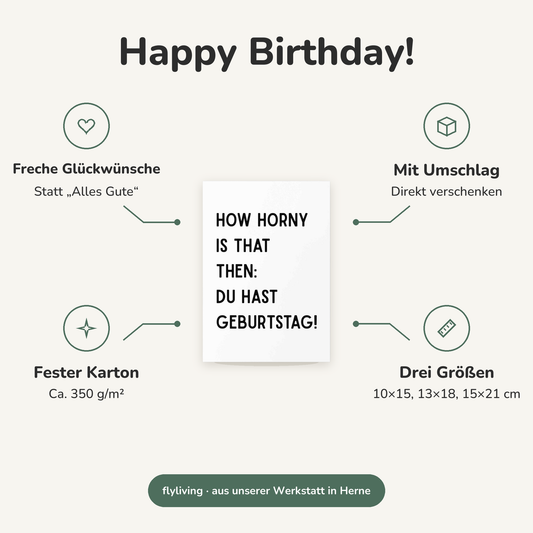 Erklärbild Happy Birthday! Freche Glückwünsche: Statt „Alles Gute“, Mit Umschlag: Direkt verschenken, Fester Karton: Ca. 350 g/m², Drei Größen: 10×15, 13×18, 15×21 cm