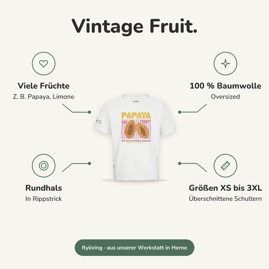 Erklärbild Vintage Fruit. Viele Früchte: Z. B. Papaya, Limone, 100 % Baumwolle: Oversized, Rundhals: In Rippstrick, Größen XS bis 3XL: Überschnittene Schultern