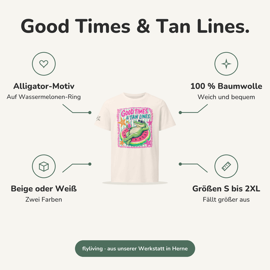 Erklärbild Good Times & Tan Lines. Alligator-Motiv: Auf Wassermelonen-Ring, 100 % Baumwolle: Weich und bequem, Beige oder Weiß: Zwei Farben, Größen S bis 2XL: Fällt größer aus