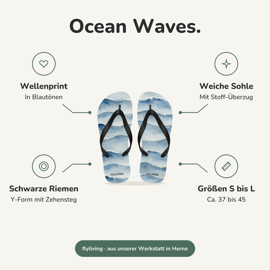 Erklärbild Ocean Waves. Wellenprint: In Blautönen, Weiche Sohle: Mit Stoff-Überzug, Schwarze Riemen: Y-Form mit Zehensteg, Größen S bis L: Ca. 37 bis 45