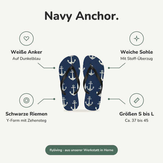 Erklärbild Navy Anchor. Weiße Anker: Auf Dunkelblau, Weiche Sohle: Mit Stoff-Überzug, Schwarze Riemen: Y-Form mit Zehensteg, Größen S bis L: Ca. 37 bis 45