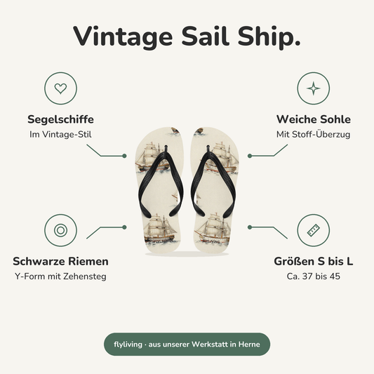 Erklärbild Vintage Sail Ship. Segelschiffe: Im Vintage-Stil, Weiche Sohle: Mit Stoff-Überzug, Schwarze Riemen: Y-Form mit Zehensteg, Größen S bis L: Ca. 37 bis 45