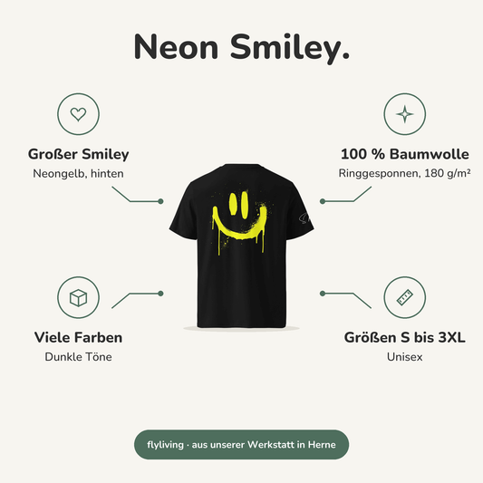 Erklärbild Neon Smiley. Großer Smiley: Neongelb, hinten, 100 % Baumwolle: Ringgesponnen, 180 g/m², Viele Farben: Dunkle Töne, Größen S bis 3XL: Unisex