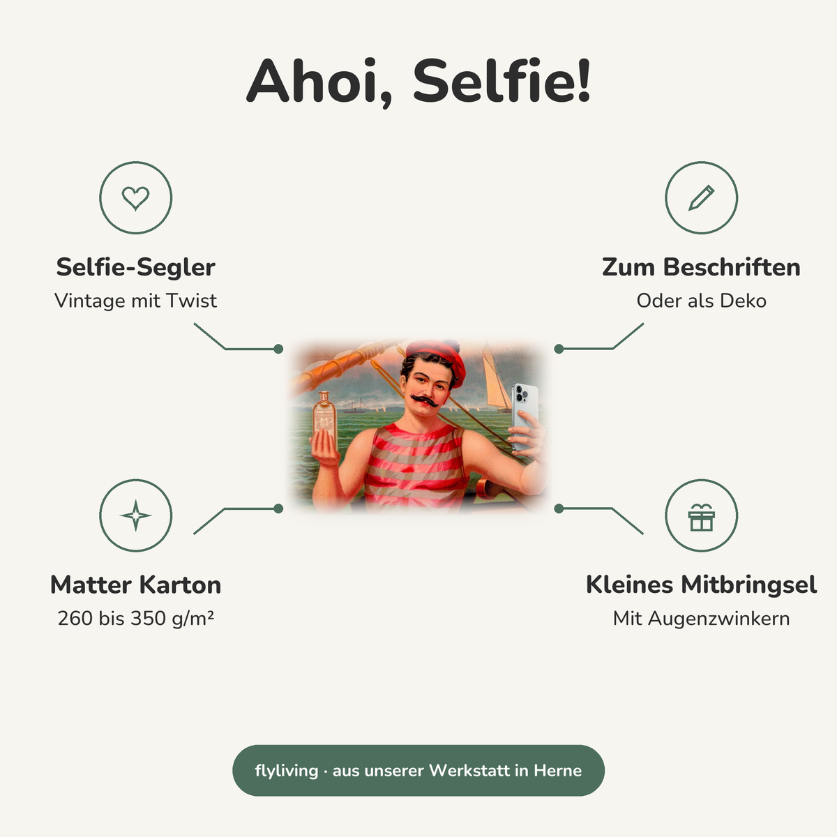 Erklärbild Ahoi, Selfie! Selfie-Segler: Vintage mit Twist, Zum Beschriften: Oder als Deko, Matter Karton: 260 bis 350 g/m², Kleines Mitbringsel: Mit Augenzwinkern