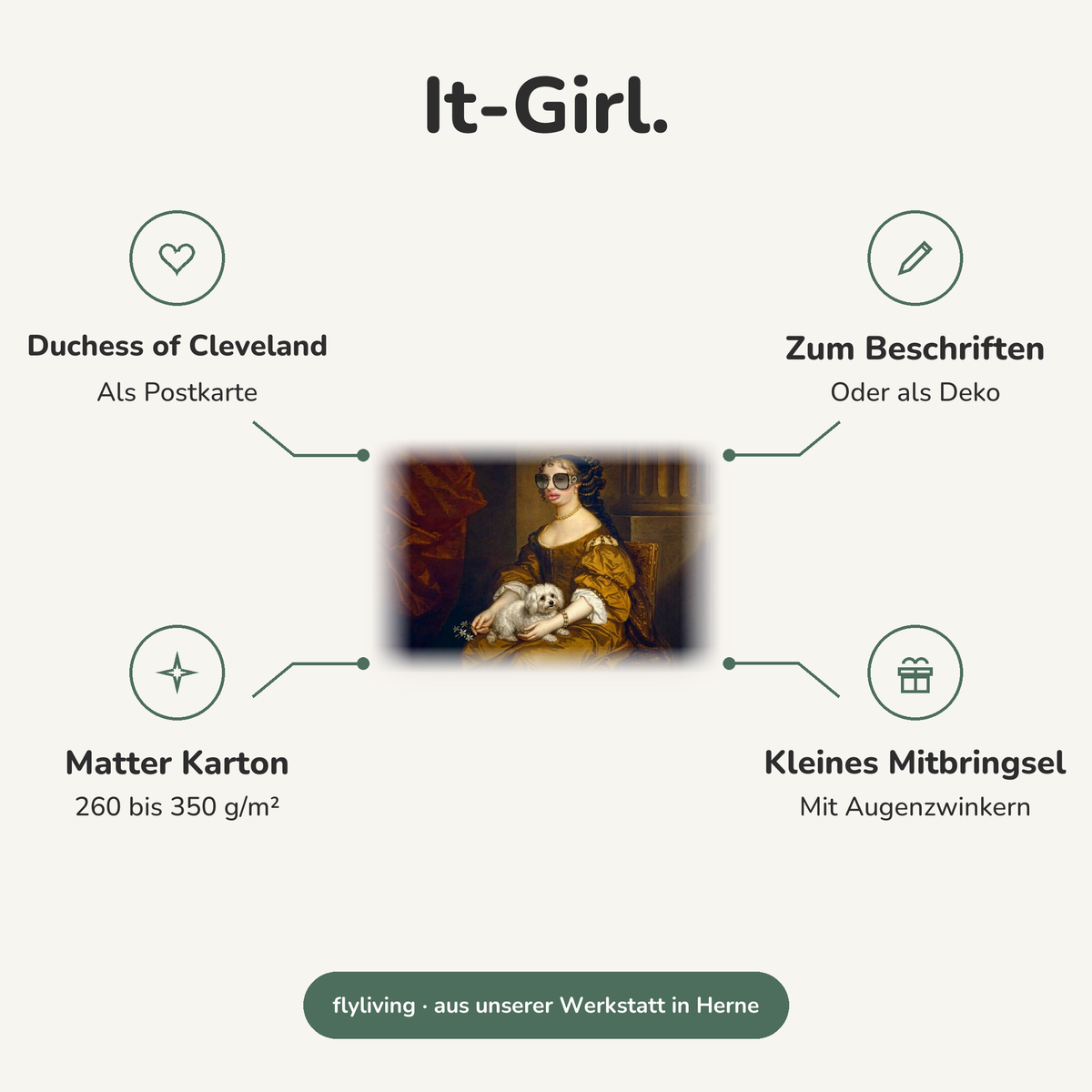 Erklärbild It-Girl. Duchess of Cleveland: Als Postkarte, Zum Beschriften: Oder als Deko, Matter Karton: 260 bis 350 g/m², Kleines Mitbringsel: Mit Augenzwinkern