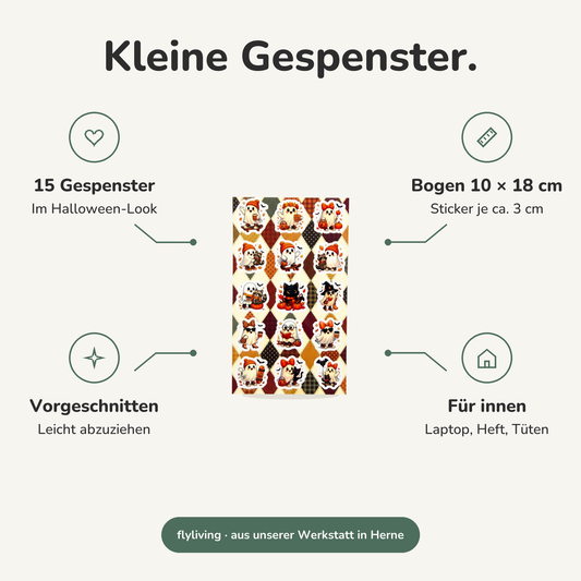 Erklärbild Kleine Gespenster. 15 Gespenster: Im Halloween-Look, Bogen 10 × 18 cm: Sticker je ca. 3 cm, Vorgeschnitten: Leicht abzuziehen, Für innen: Laptop, Heft, Tüten