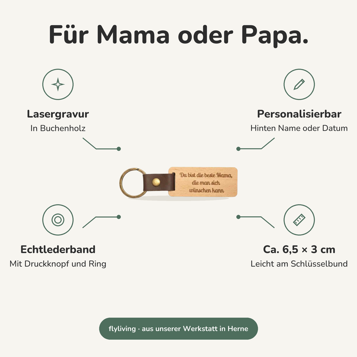 Erklärbild Für Mama oder Papa. Lasergravur: In Buchenholz, Personalisierbar: Hinten Name oder Datum, Echtlederband: Mit Druckknopf und Ring, Ca. 6,5 × 3 cm: Leicht am Schlüsselbund