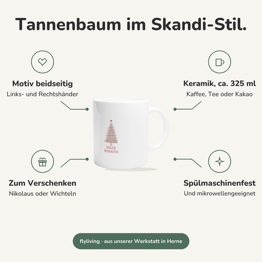 Erklärbild Tannenbaum im Skandi-Stil. Motiv beidseitig: Links- und Rechtshänder, Keramik, ca. 325 ml: Kaffee, Tee oder Kakao, Zum Verschenken: Nikolaus oder Wichteln, Spülmaschinenfest: Und mikrowellengeeignet
