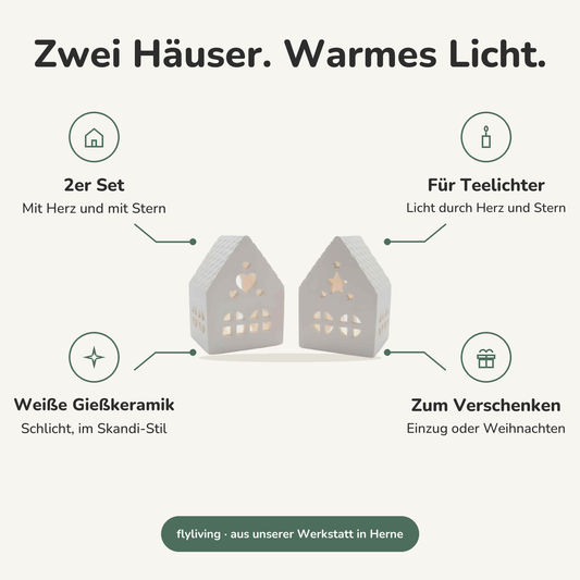 Erklärbild Zwei Häuser. Warmes Licht. 2er Set: Mit Herz und mit Stern, Für Teelichter: Licht durch Herz und Stern, Weiße Gießkeramik: Schlicht, im Skandi-Stil, Zum Verschenken: Einzug oder Weihnachten