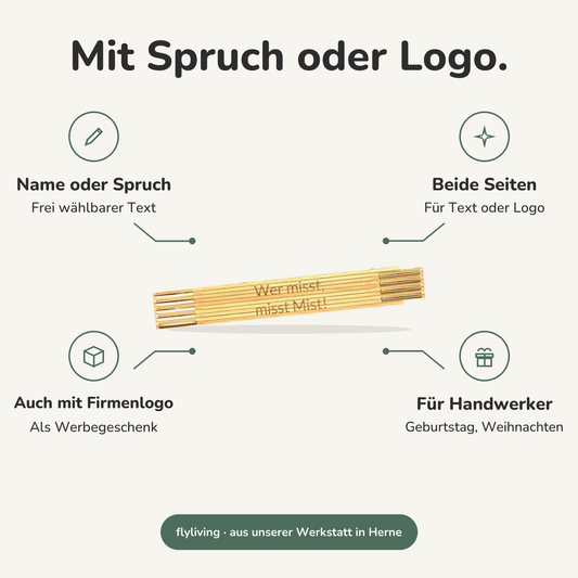 Erklärbild Mit Spruch oder Logo. Name oder Spruch: Frei wählbarer Text, Beide Seiten: Für Text oder Logo, Auch mit Firmenlogo: Als Werbegeschenk, Für Handwerker: Geburtstag, Weihnachten
