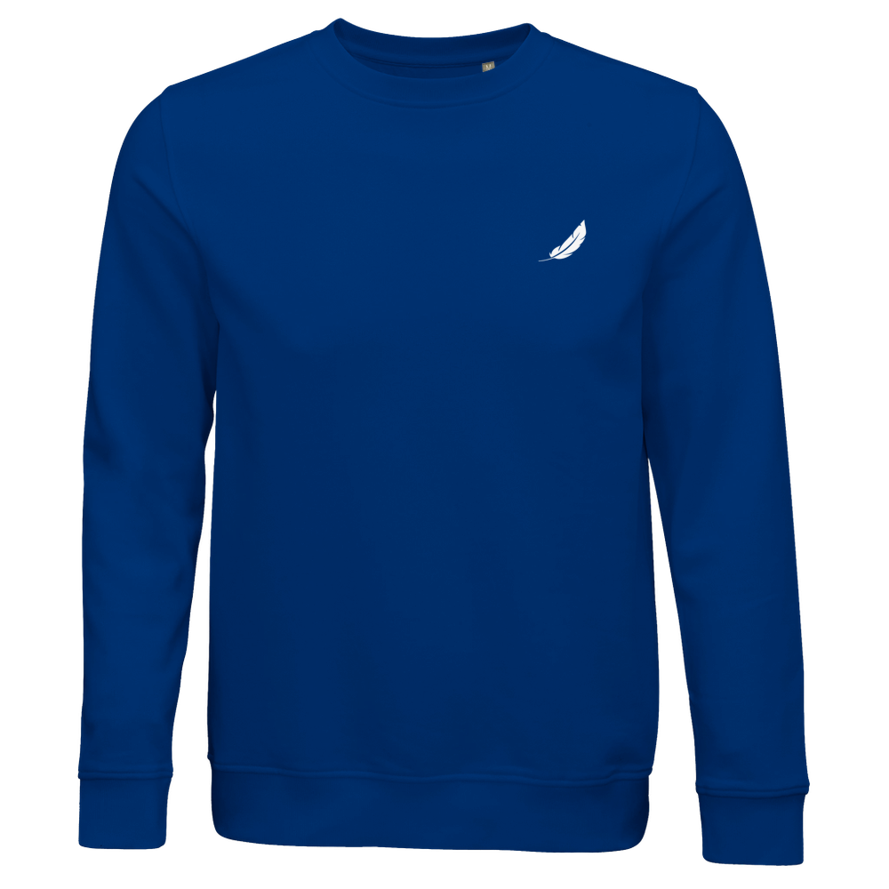 Royal blauer crewneck pullover mit weißer federstickerei links auf der brust vintage comic humorvoller sarcasm pullover