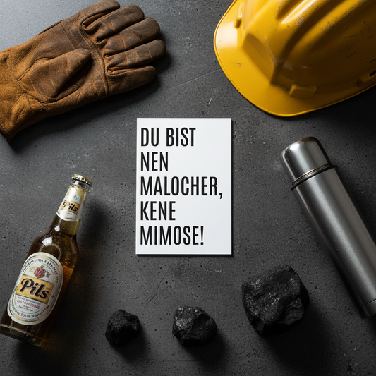 Grußkarte mit gelbem hartschalenhelm und humorvollem spruch du bist ein malocher keine mimose aus dem ruhrpott