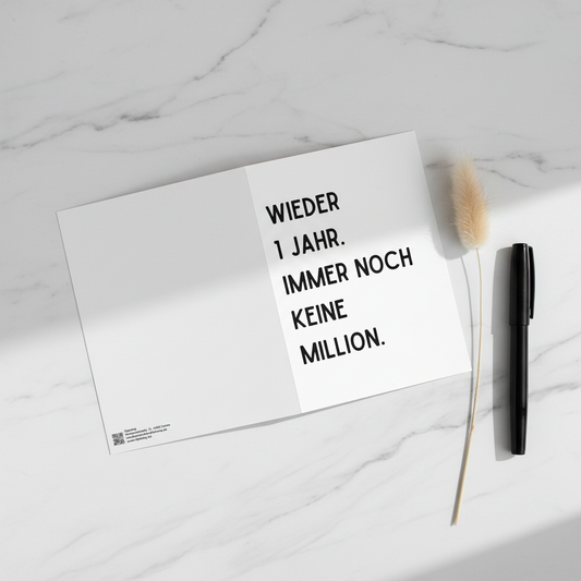 Minimalistische weiße geburtstagskarte mit schwarzem text wieder 1 jahr für humorvolle glückwünsche