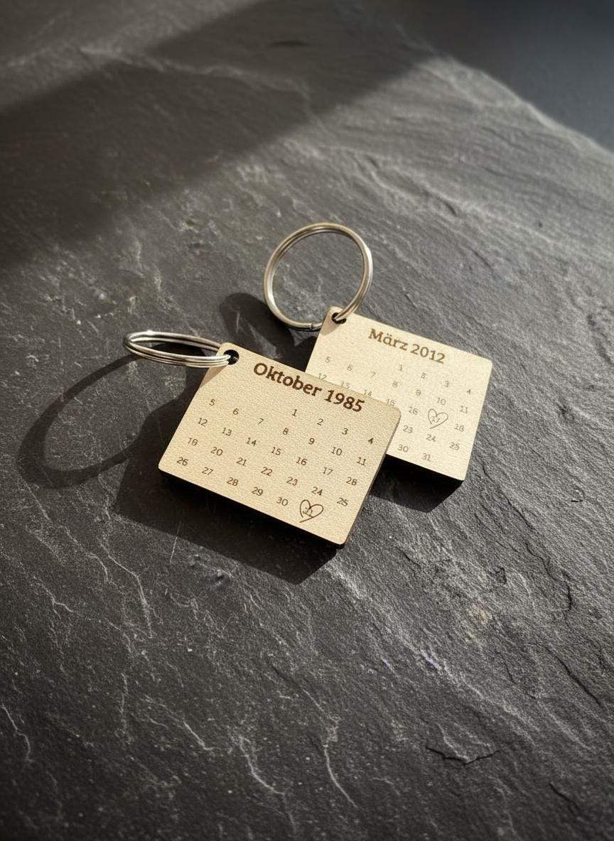 Personalisierter Kalender Schlüsselanhänger Holz | Gravur Wunschdatum & Name | Geschenk zur Hochzeit, Geburt, Jahrestag, Valentinstag