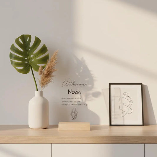 Personalisierte Acryl Tafel Geburt mit Holzsockel - Baby Daten Schild zur Geburt, Geschenk zur Babyshower, Kinderzimmer Deko