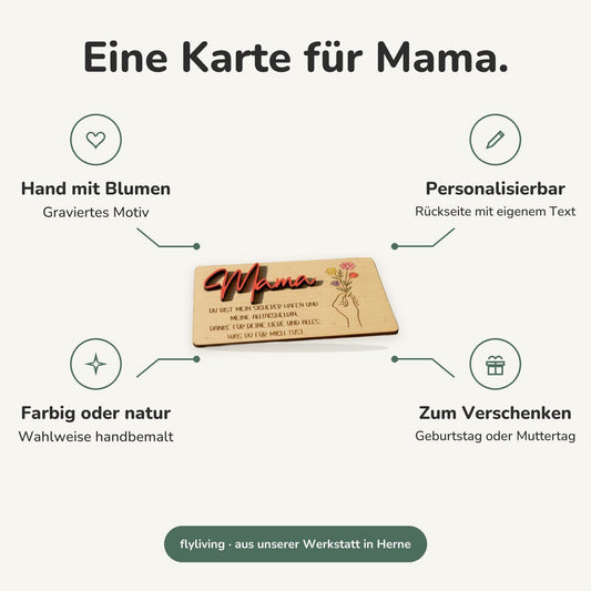 Holz-Geschenkkarte „Mama“, handgefertigt und personalisierbar
